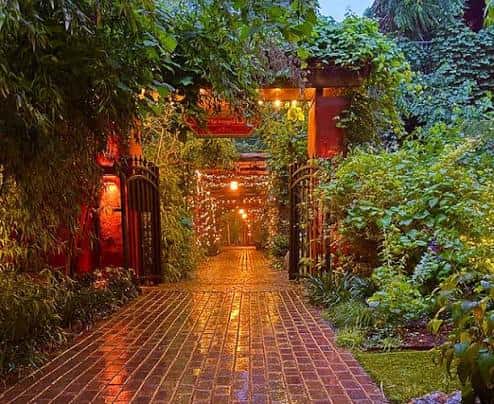 Sendero de ladrillos iluminado con luces cálidas y vegetación exuberante