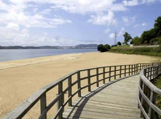 Pasarela de madera curvada que desciende hacia la arena dorada de la playa