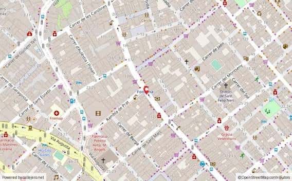 Mapa detallado de la zona de Carrer Gran de Gràcia en Barcelona