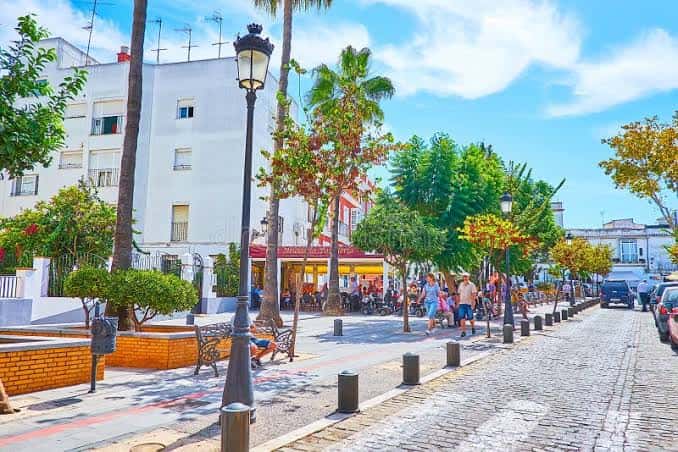 Plaza de la Paz con palmeras, bancos y gente paseando en un día soleado