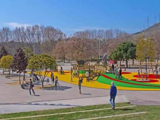 Área recreativa colorida con niños jugando bajo árboles y cielo despejado