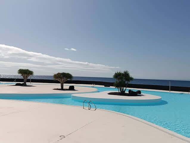 Detalle de la zona de piscina con palmeras y vista al mar abierto
