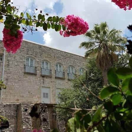 Fachada del club rodeada de flores rosas y palmeras bajo un cielo azul