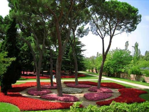 Jardín formal con senderos curvos y macizos de flores rojas bajo árboles altos