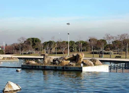 Lago con isla rocosa y zona de paseo en el parque