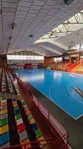 Pista de baloncesto interior con gradas y techo estructural moderno