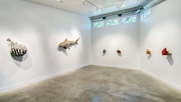 Sala de exposiciones con esculturas de animales montadas en las paredes