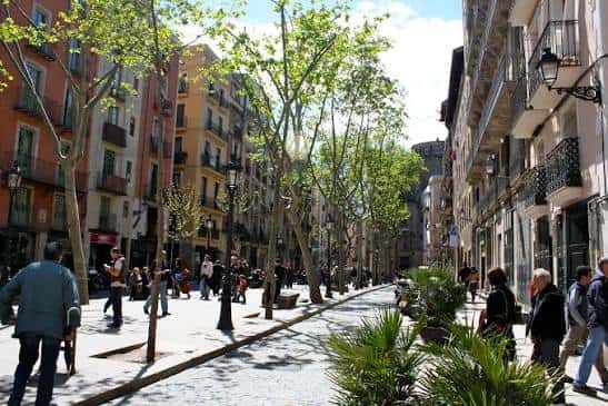 Vista diurna del Passeig del Born con árboles frondosos y peatones caminando por la acera empedrada
