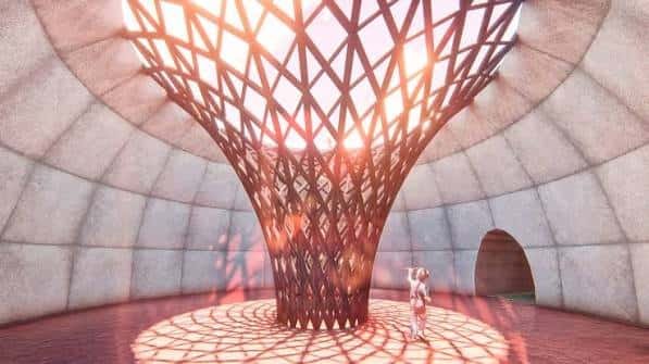 Vista arquitectónica del espacio central con estructura de luz y sombra