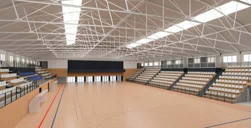Renderización arquitectónica del interior renovado del pabellón deportivo