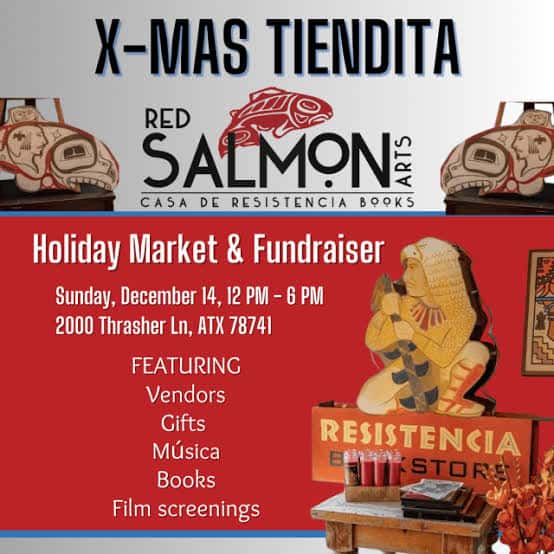 Cartel promocional del evento 'X-MAS TIENDITA' en Red Salmon Arts con detalles del mercado navideño