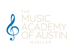 Logotipo oficial de The Music Academy of Austin con clave de sol azul y tipografía elegante