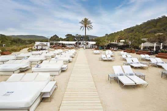 Vista panorámica de la zona de playa con tumbonas blancas y palmeras