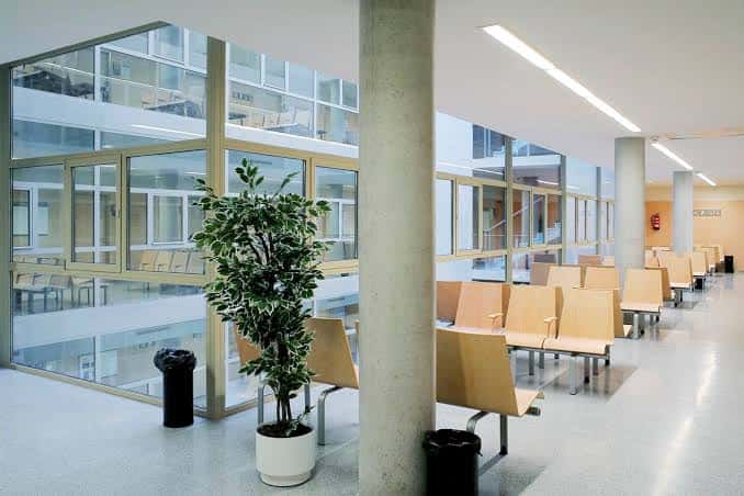 Sala de espera moderna con sillas de madera, plantas y grandes ventanales