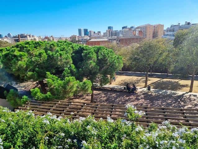 Amplia zona de césped y árboles con vistas a la ciudad de fondo