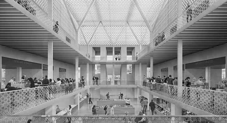 Interior del Mercado de Abastos en Ávila con estructura moderna y techos decorativos