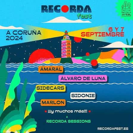 Cartel promocional del Recorda Fest 2024 en A Coruña con ilustración de la Torre de Hércules y lista de artistas