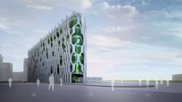 Render arquitectónico de un edificio moderno con fachada orgánica y elementos verdes