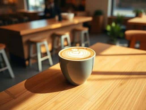 Café con arte latte sobre mesa de madera en ambiente acogedor