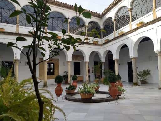 Patio central con fuentes, macetas y arquerías decorativas