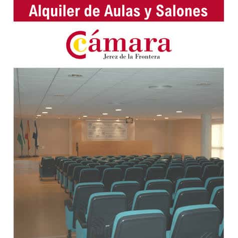 Salón de actos con sillas dispuestas para conferencias y banderas decorativas