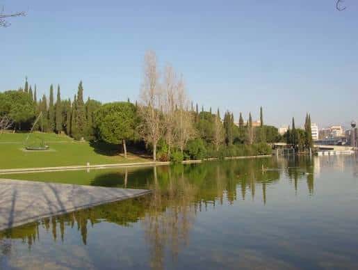 Lago del parque reflejando árboles y cielo despejado