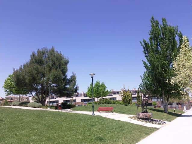 Vista panorámica del parque con césped verde y senderos bajo un cielo despejado