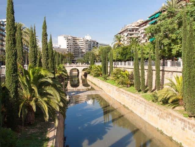 Vista del canal central con puente y palmeras