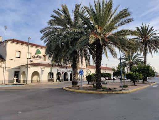 Fachada principal de la Estación Linares-Baeza con palmeras y cielo azul