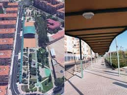 Vista aérea de las pistas deportivas y zona verde del parque
