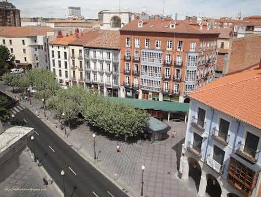 Vista aérea de la plaza con árboles y arquitectura tradicional