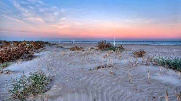 Paisaje costero al atardecer con dunas en primer plano y el mar en calma