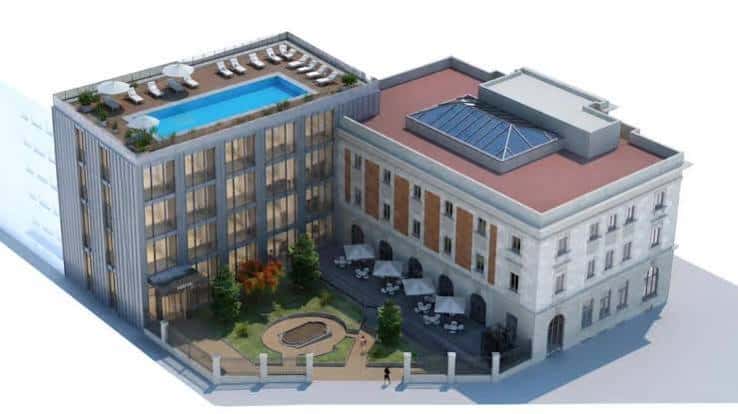 Render arquitectónico que muestra la propuesta de transformación del edificio en un hotel con piscina en la azotea