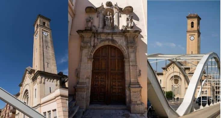 Collage que muestra detalles arquitectónicos de la fachada y el campanario de la iglesia