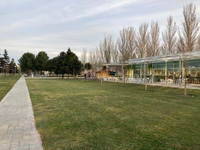 Zona exterior con terraza de cristal, mesas blancas y árboles altos en un día soleado