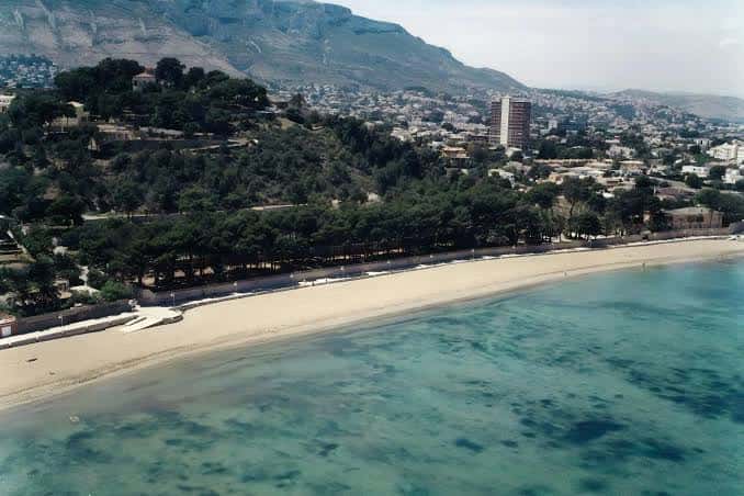 Vista aérea de la playa rodeada de pinos y montañas al fondo, ideal para eventos al aire libre