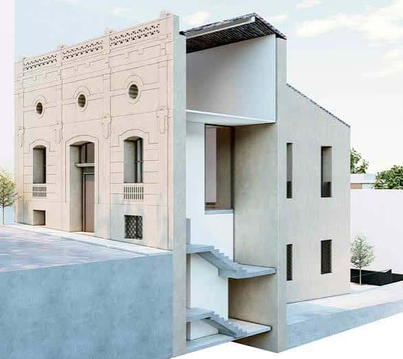 Render arquitectónico del futuro Museo Camilo Sesto mostrando la fachada histórica y la ampliación moderna