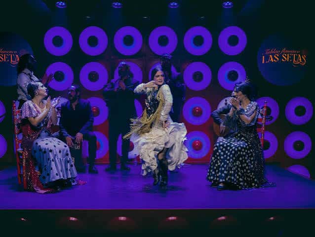 Grupo de artistas de flamenco actuando en el escenario bajo luces púrpuras