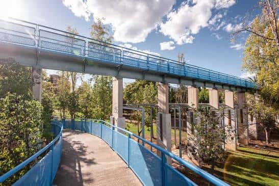 Puente peatonal azul elevado sobre la vegetación