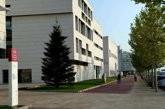 Fachada principal del campus con sendero peatonal y árboles alineados