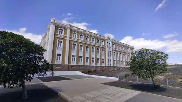 Fachada lateral del edificio del Cabildo con árboles en primer plano y cielo azul