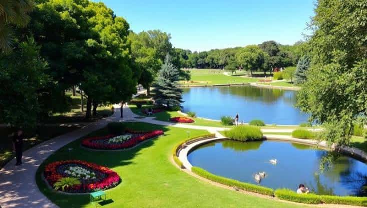 Jardines ornamentales con estanques y senderos peatonales bajo cielo despejado