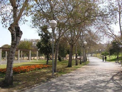 Paseo arbolado con bancas y pérgolas en un entorno natural tranquilo