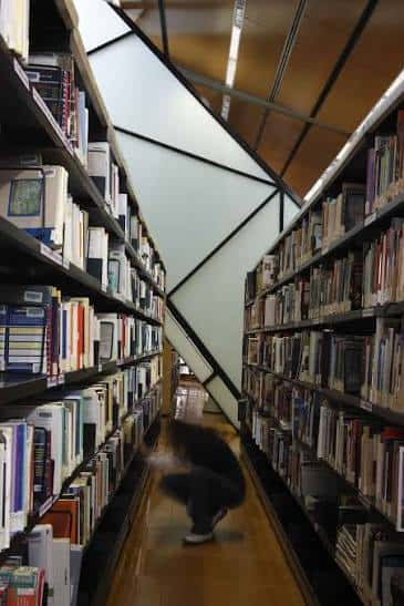 Interior de la sala de lectura con estanterías altas y techo inclinado de diseño arquitectónico
