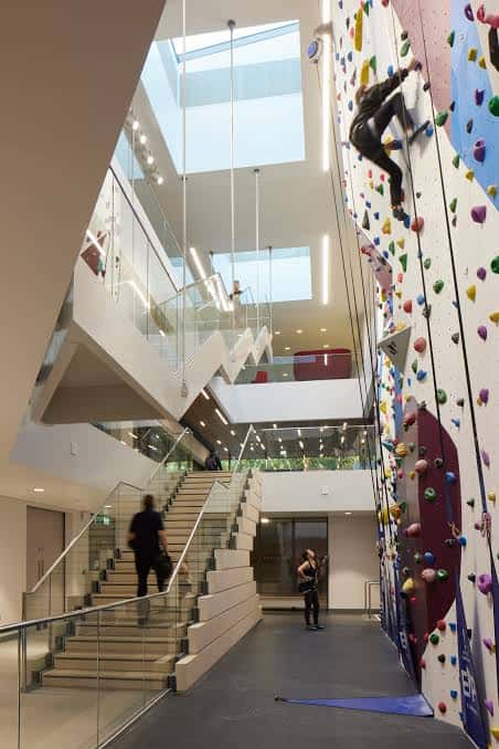 Interior con escaleras de cristal y pared de escalada deportiva