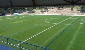 Campo de césped artificial con líneas blancas bajo techo parcial