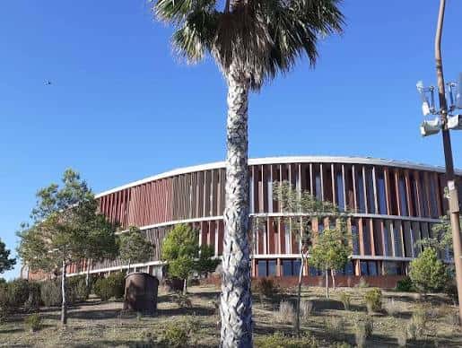 Vista exterior de la Plaça Pilar Pradells con palmeras y arquitectura moderna