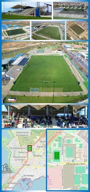 Collage de vistas aéreas y generales del estadio municipal