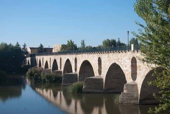 Puente de Piedra desde la orilla con reflejos en el agua y árboles al fondo