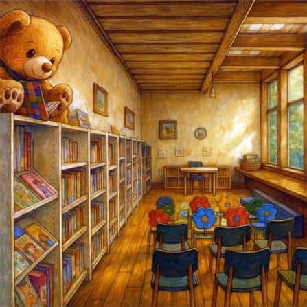 Sala infantil de la biblioteca con estanterías, alfombras coloridas y un oso de peluche decorativo